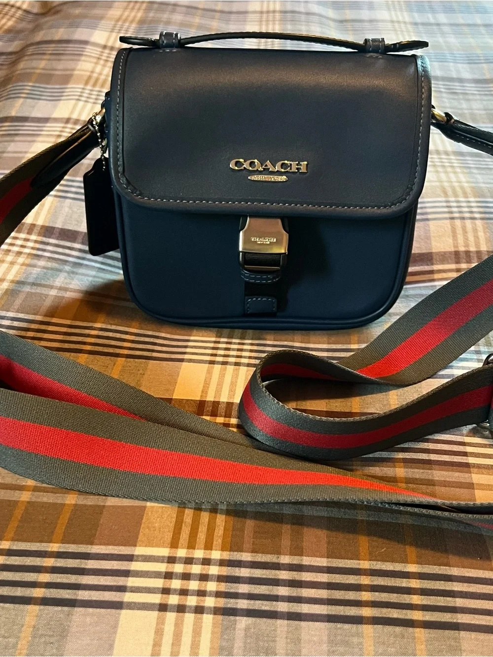 Coach Navy Leather Messenger Bag with Red-Striped Strap